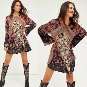 NWOT Free People Stevie Floral Paisley Long Bell Sleeve Tie Back Tunic Dress XS